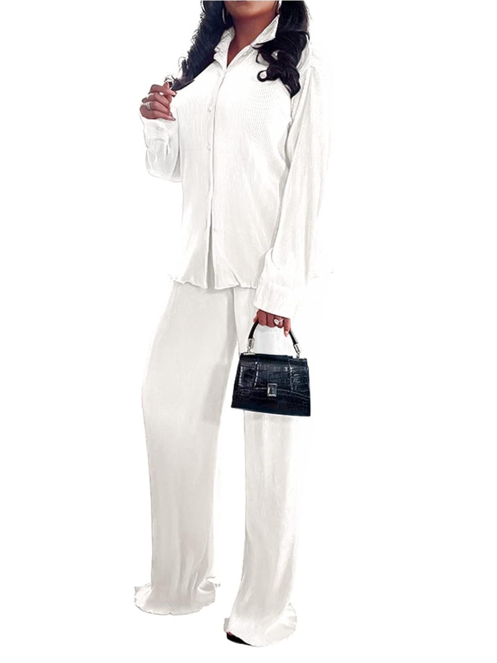 Women’s satin please Cream Wide-Leg Pants & Matching button up Top Set - Picture 2 of 4